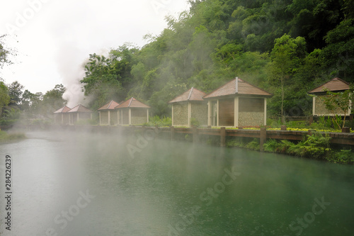 Mineral water room with pond in morning Hot Springs .
