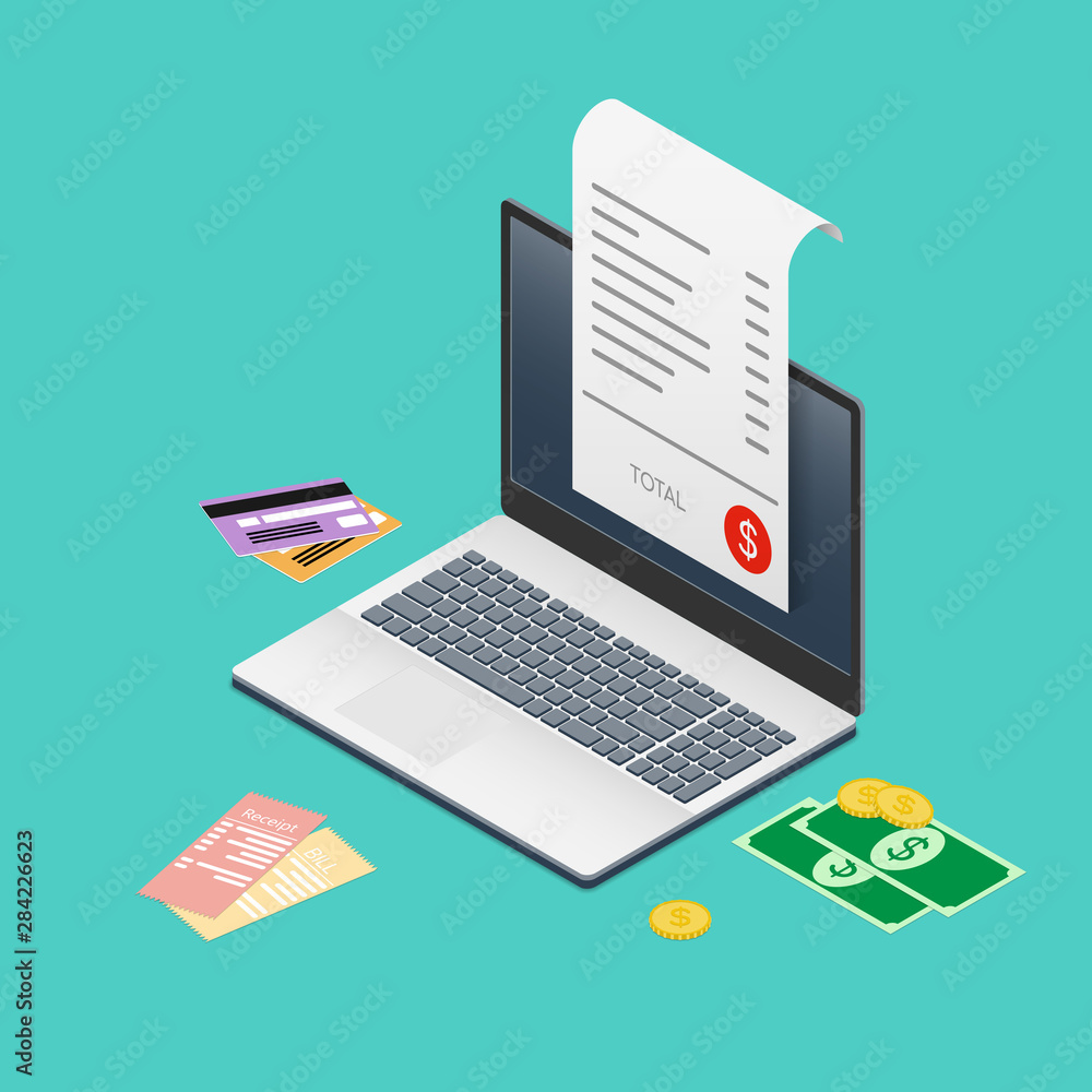Online payment concept. Laptop with bill payment. Vector isometric illustration Online payment concept. Laptop with bill payment. Vector isometric illustration