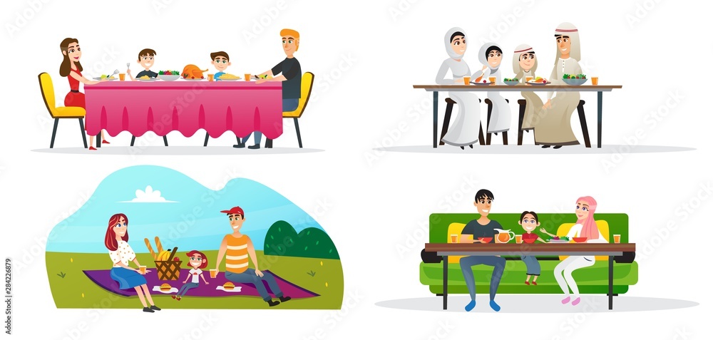 Obraz premium Set Collection Family Lunch in Different Cultures.