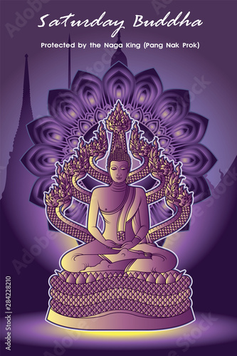 Saturday Buddha Protected by the Naga King (Pang Nak Prok) Violet glowing color with dharma wheel and temple background