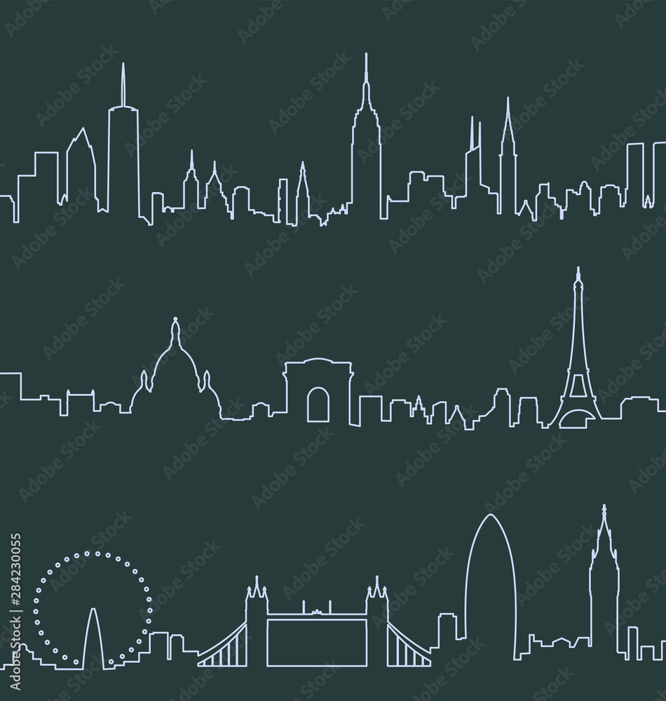 New York Paris and London Skyline Profiles
