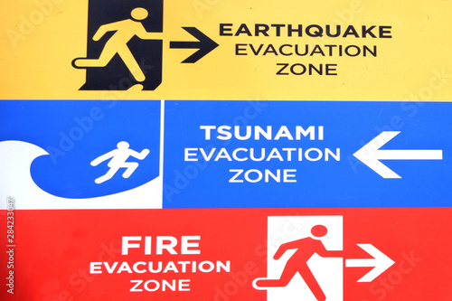 Earthquake, Tsunami and fire evacuation warning sign