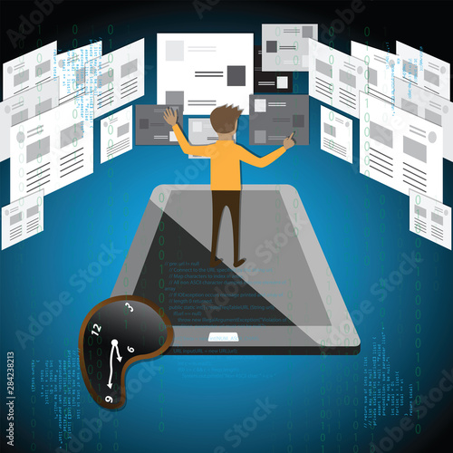 A man was standing on mobile phone and wasting his time with social media - vector