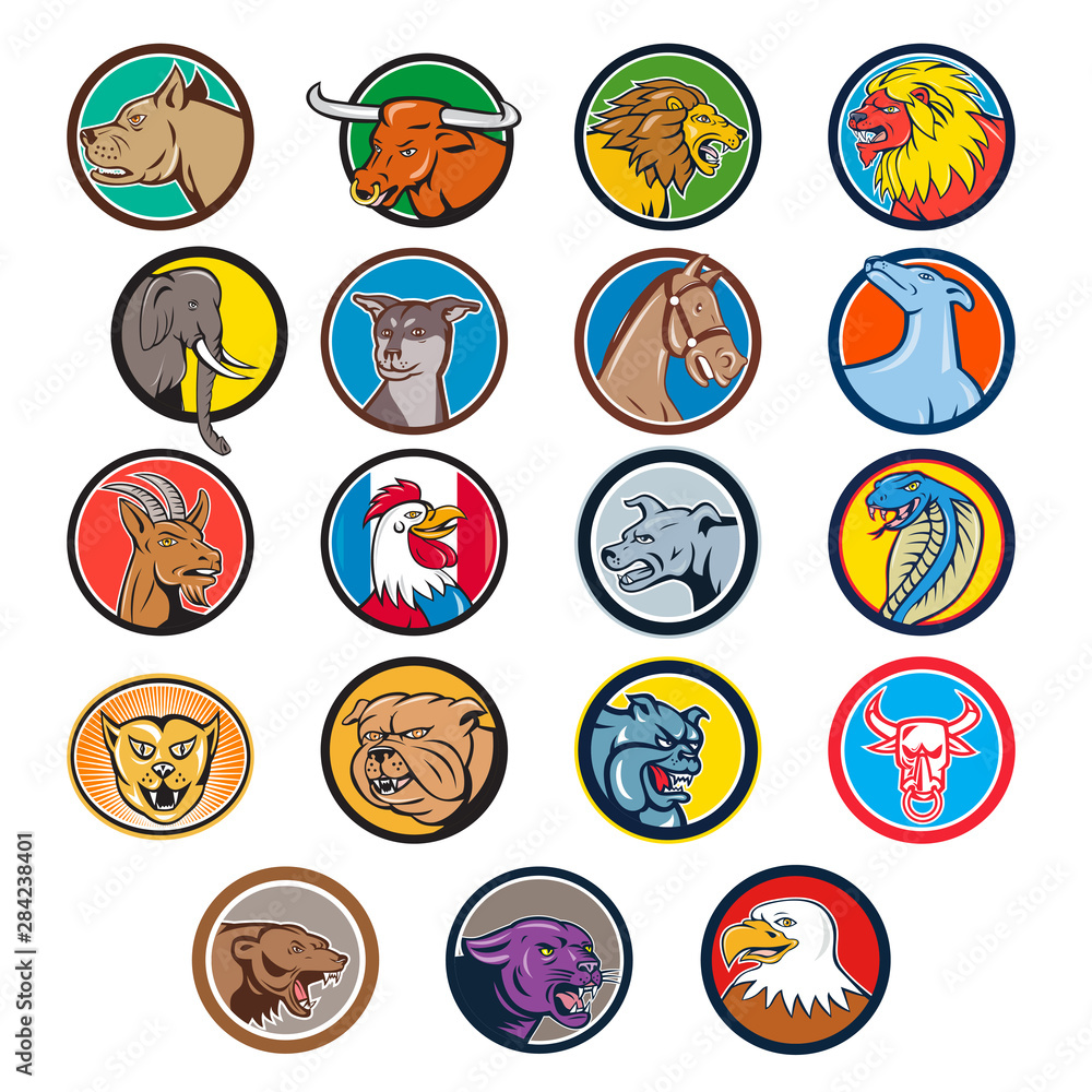 Φωτογραφία Set or collection of cartoon character mascot style illustration of heads of animals like rooster, dog, lion