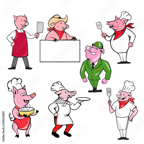 Set or collection of cartoon character mascot style illustration of pig, hog or boar as worker, chef, cook, butcher, waiter, cowboy, soldier, military personnel, general on isolated white background.