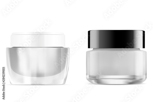 Cream Jar. Glass Cosmetic Jar. Clear Round Container without Label. Plastic Packaging Mockup for Face Care Product. 3d Design of Glossy Packaging for Powder, Scrub, Butter, Lotion. Transparent Package
