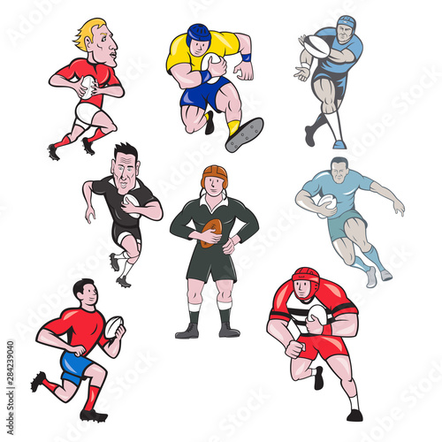 Set or collection of cartoon character mascot style illustration of rugby union or rugby league player running, passing pigskin ball on isolated white background.