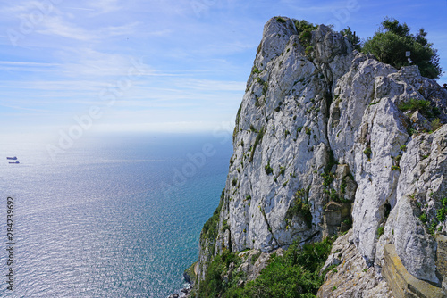 View of the Rock of Gibraltar, a British Overseas Territory on the South coast of Spain where the Mediterranean Sea meets the Atlantic Ocean