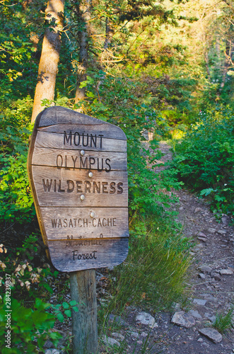 A wooden sign to the mount olympus wilderness area in utah. 