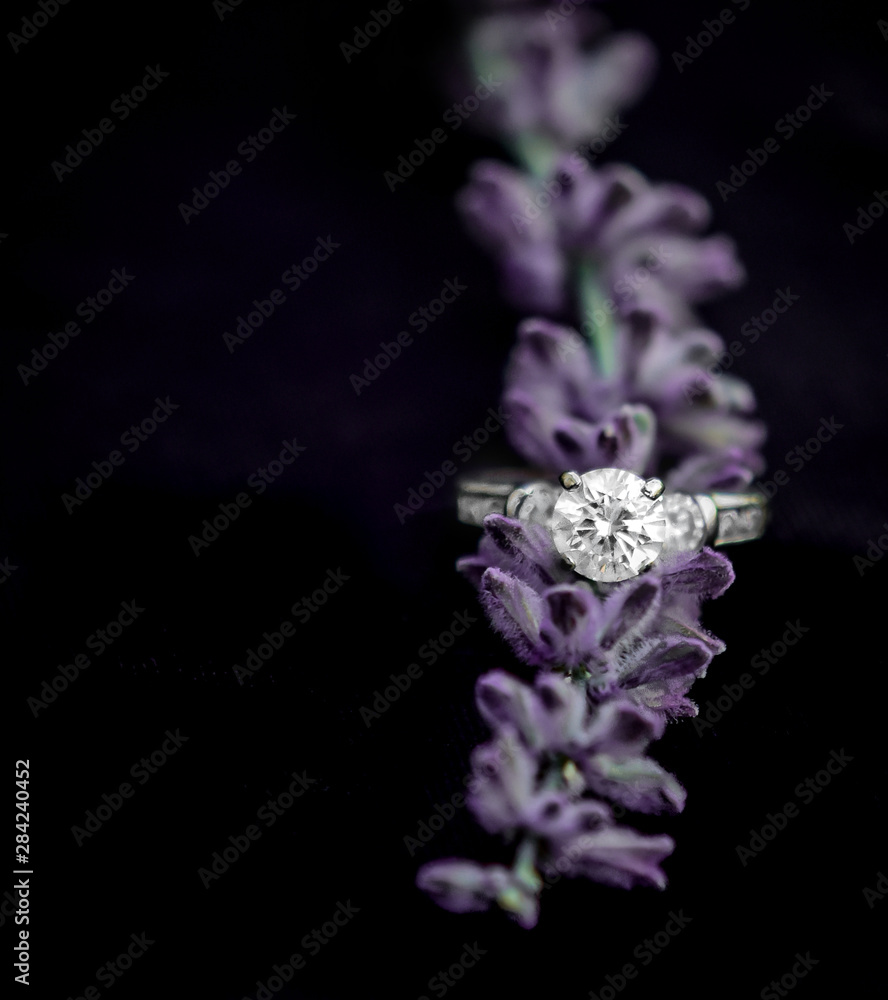 Engagement Diamond Ring On Lavender Flower Branch Engagement Diamond Ring On Lavender Flower Branch