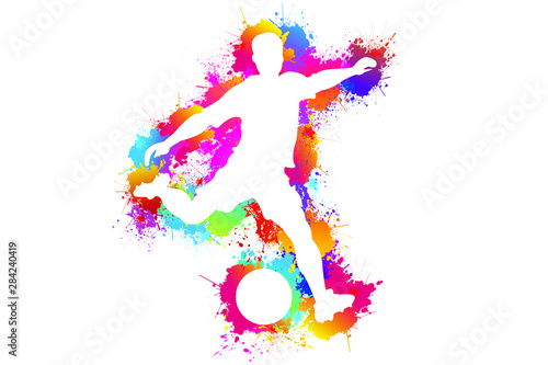 Sports, Football logo design, Soccer player kick the goal, Colorful paint drops ink splashes, Icon, Exercise, Symbol, Silhouette, Vector illustration.