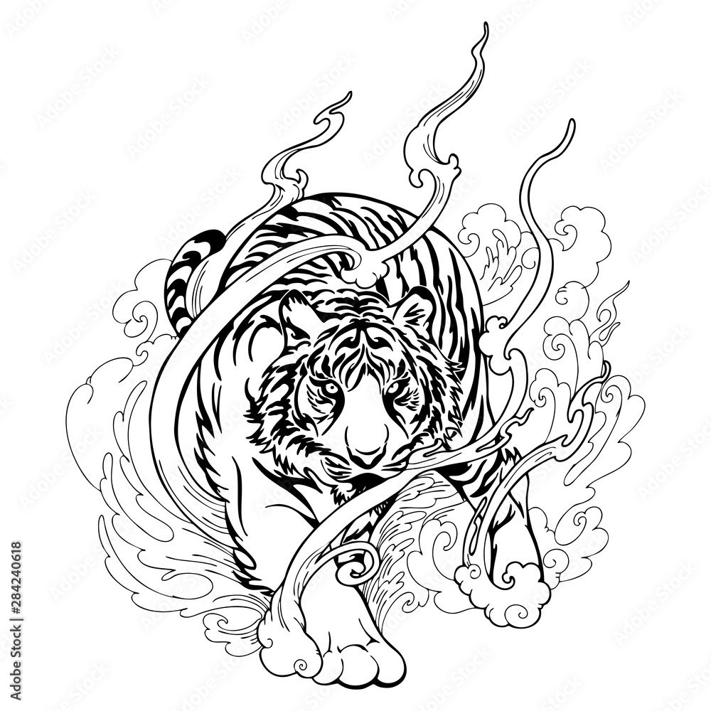 Oriental Tiger walking tattoo decorate with cloud black and white doodle  drawing vector Stock Vector | Adobe Stock