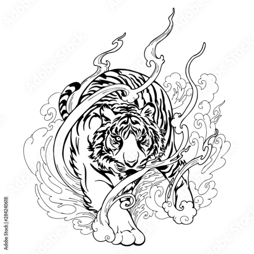 Oriental Tiger walking tattoo decorate with cloud black and white doodle drawing vector 