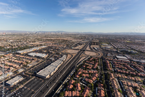 Photography Aerial view of the route 95 freeway and suburban Summerlin homes in sprawling Las Vegas, Nevada