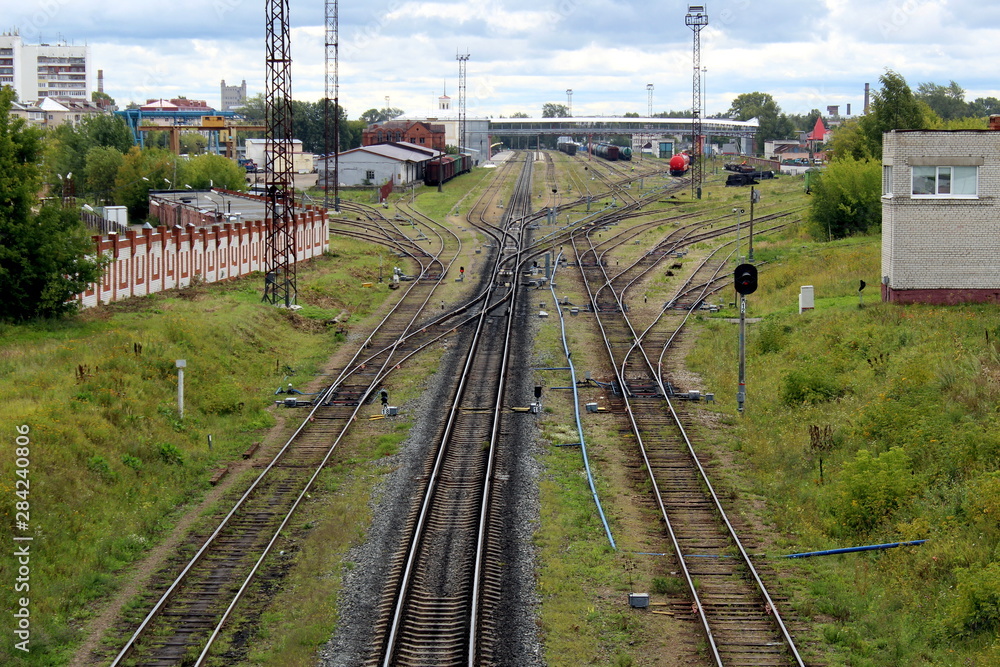 Top view of iron rails and sleepers for train traffic