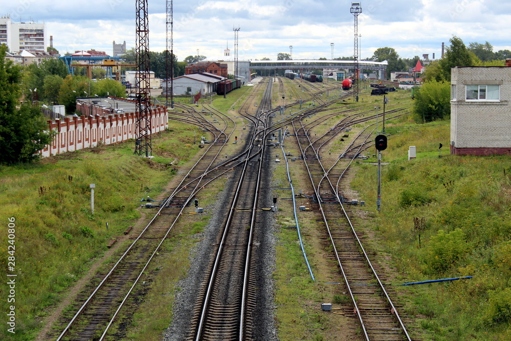 Top view of iron rails and sleepers for train traffic Top view of iron rails and sleepers for train traffic