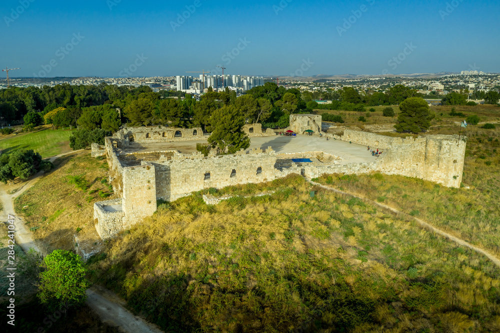 Aerial view of Antipatrus castle or Binar Bashi Ottoman era fortress near the Yarkon River in Israel