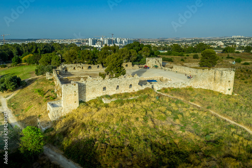 Aerial view of Antipatrus castle or Binar Bashi Ottoman era fortress near the Yarkon River in Israel photo