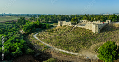 Aerial view of Antipatrus castle or Binar Bashi Ottoman era fortress near the Yarkon River in Israel