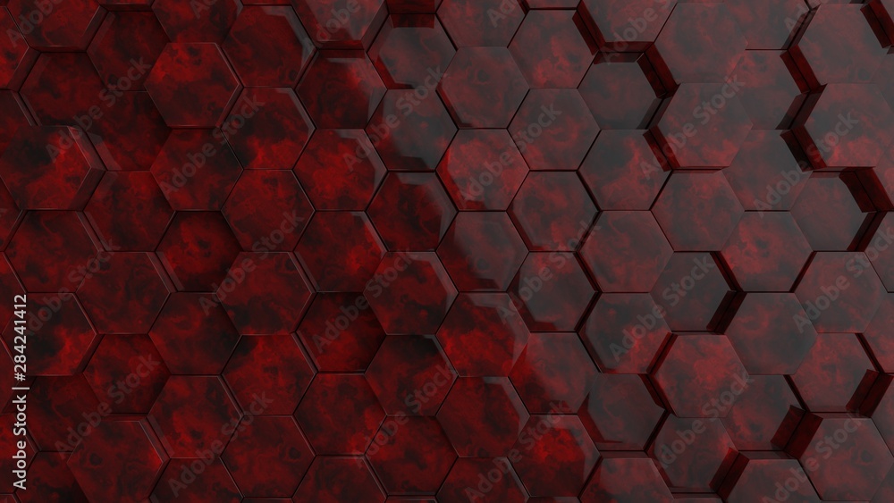 Hexagonal dark red glass stone background texture. 3d illustration, 3d rendering - obrazy, fototapety, plakaty 