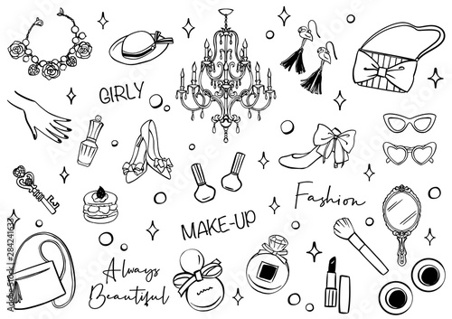 Cosmetics and Fashion accessories set. Hand drawn vector illustration.	