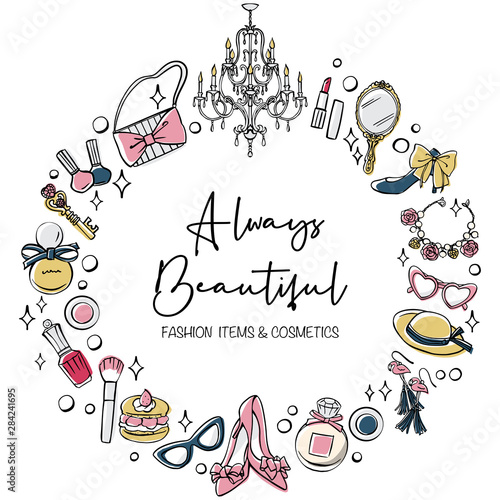 Cosmetics and Fashion accessories circle set. Hand drawn vector illustration.	