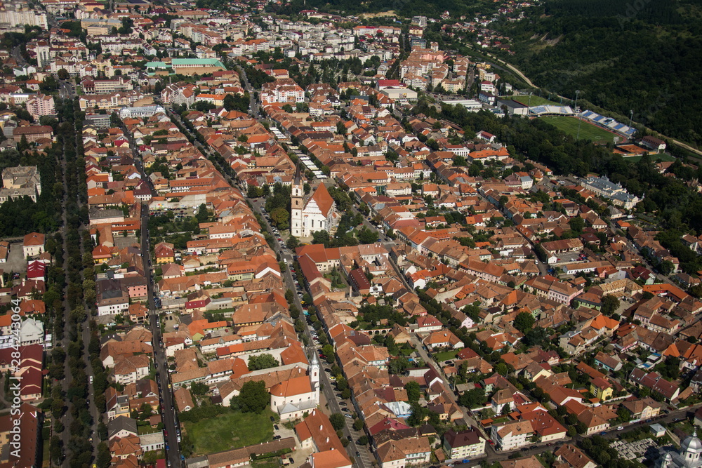 ROMANIA Bistrita Panoramic aerial view,The Evangelical Church, august 2019