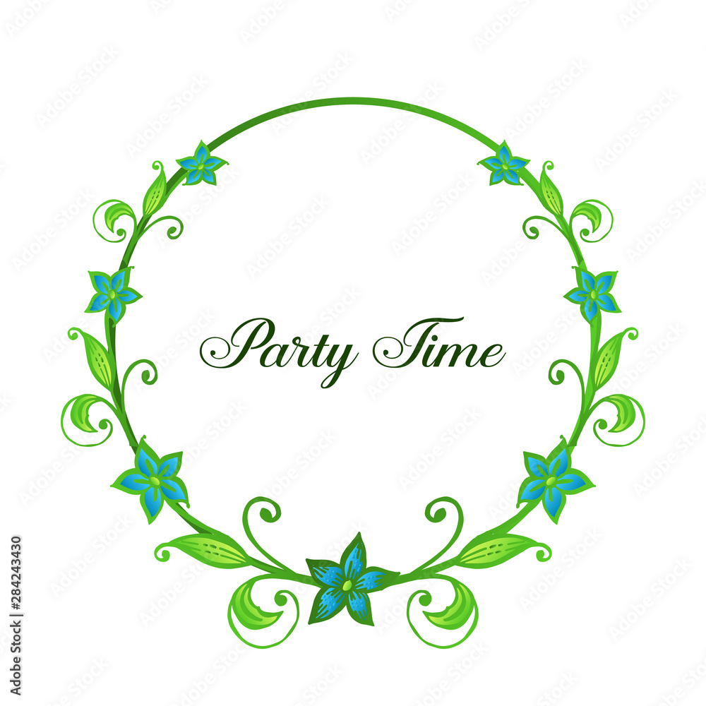 Lettering of party time, motif for border of blue flower frame, isolated on white background. Vector Lettering of party time, motif for border of blue flower frame, isolated on white background. Vector