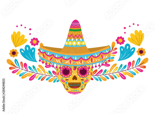 mexican skull with hat isolated icon