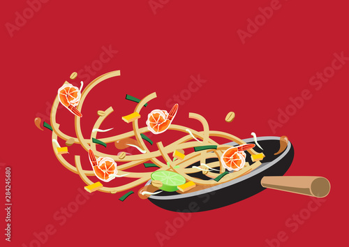 Cooking Pad Thai on pan. Thai food vector design.