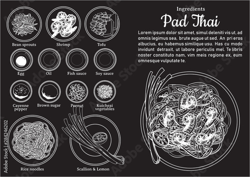 Ingredients of Pad Thai black board vector design. One of The Most Popular Dish in Thailand.