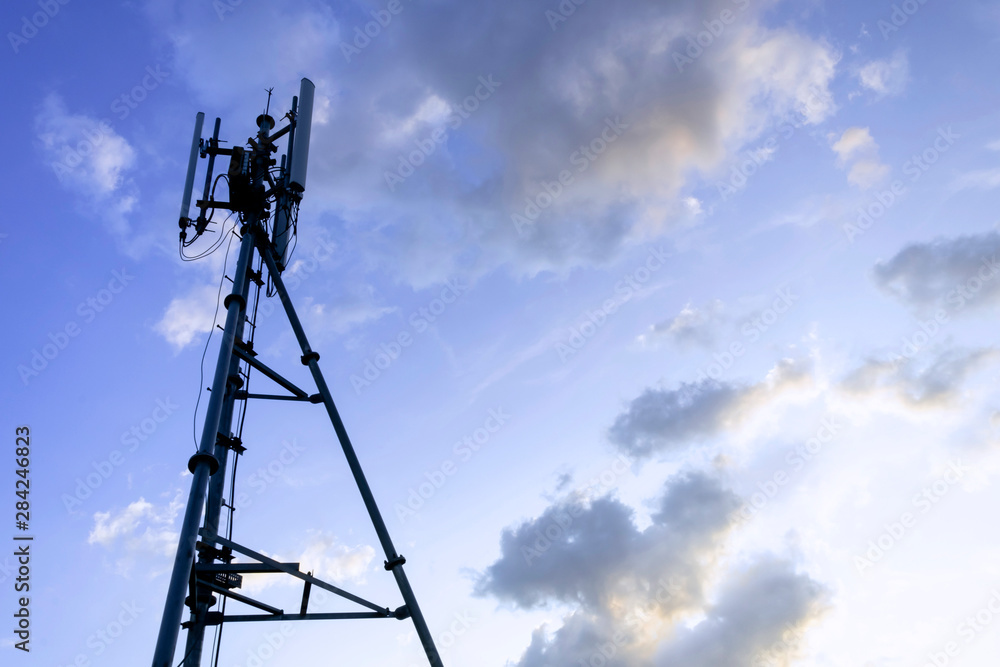 Silhouette of telecommunication tower of 4G and 5G cellular, mobile and internet station tower in sky background. Silhouette of telecommunication tower of 4G and 5G cellular, mobile and internet station tower in sky background.