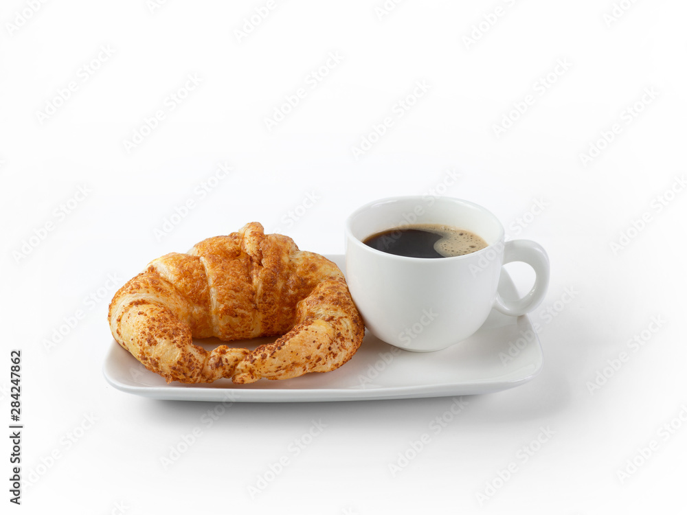 fresh croissant and Coffee Cup on white Background isolate. Continental Breakfast. Coffee Break, Black coffee with bread fresh croissant and Coffee Cup on white Background isolate. Continental Breakfast. Coffee Break, Black coffee with bread