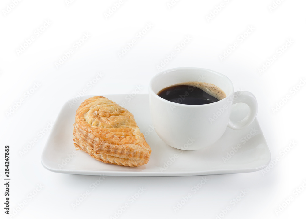 Puff pastry and Coffee Cup on white Background isolate. Continental Breakfast. Coffee Break, Black coffee with pie . Puff pastry and Coffee Cup on white Background isolate. Continental Breakfast. Coffee Break, Black coffee with pie .