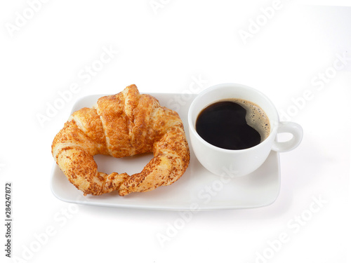 fresh croissant and Coffee Cup on white Background isolate. Continental Breakfast. Coffee Break, Black coffee with bread