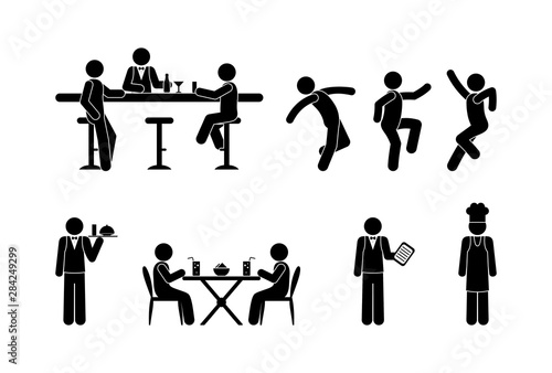 Icons of people in the restaurant, workers and customers illustration. People drink at the bar, visit a cafe, dance in a nightclub. Stick figure pictogram cook, bartender and client. The waiter serves