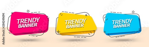 Trendy set of abstract banners square shape in Memphis style. Vector bright template banners. Template ready for use in web or print design.