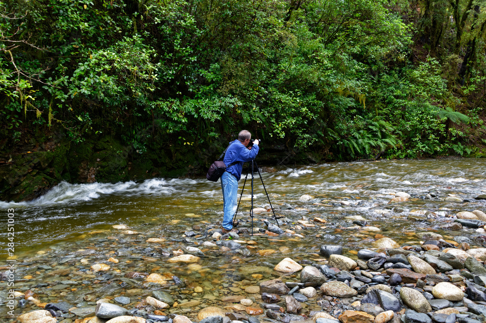 A photographer stands in the middle of a river to take a photo upstream