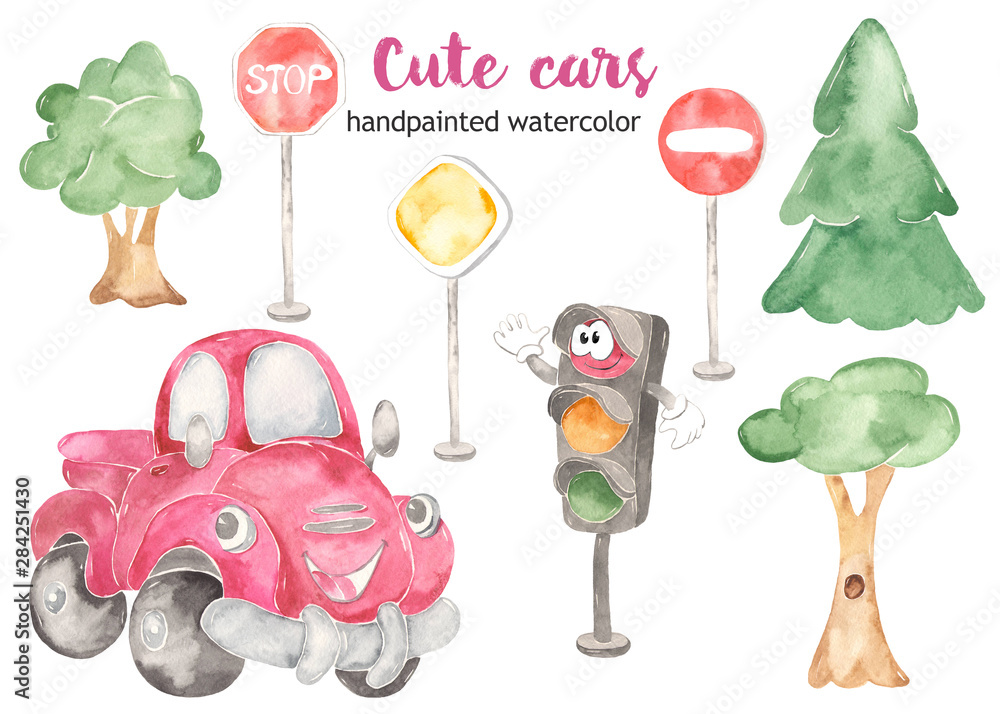 Watercolor set clipart cartoon red pickup, trees, traffic light and ...