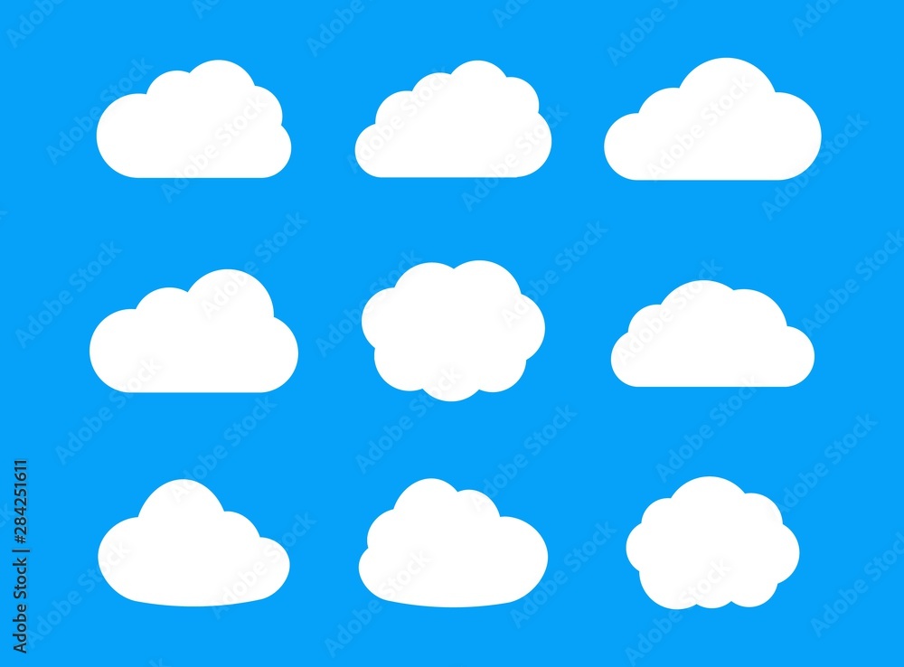 Set of white cloud icons for web design, app, ui and logo. Storage solution element, databases, networking, cloud and meteorology concept. Outline icon. Set of white cloud icons for web design, app, ui and logo. Storage solution element, databases, networking, cloud and meteorology concept. Outline icon.