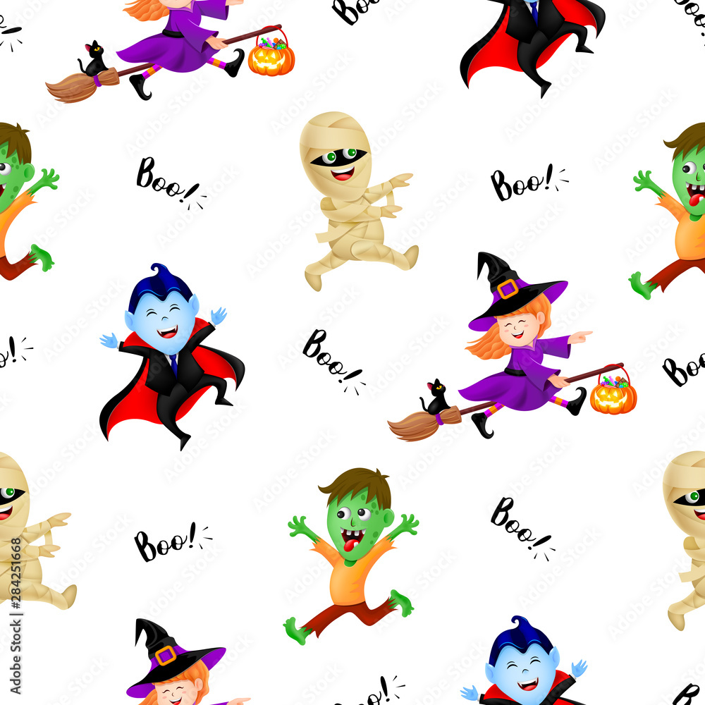 Fototapeta premium Halloween cartoon set with cute kids in holiday costumes: witch, count dracula, zombie and mummy, seamless pattern. Illustration isolated on white backgeound.