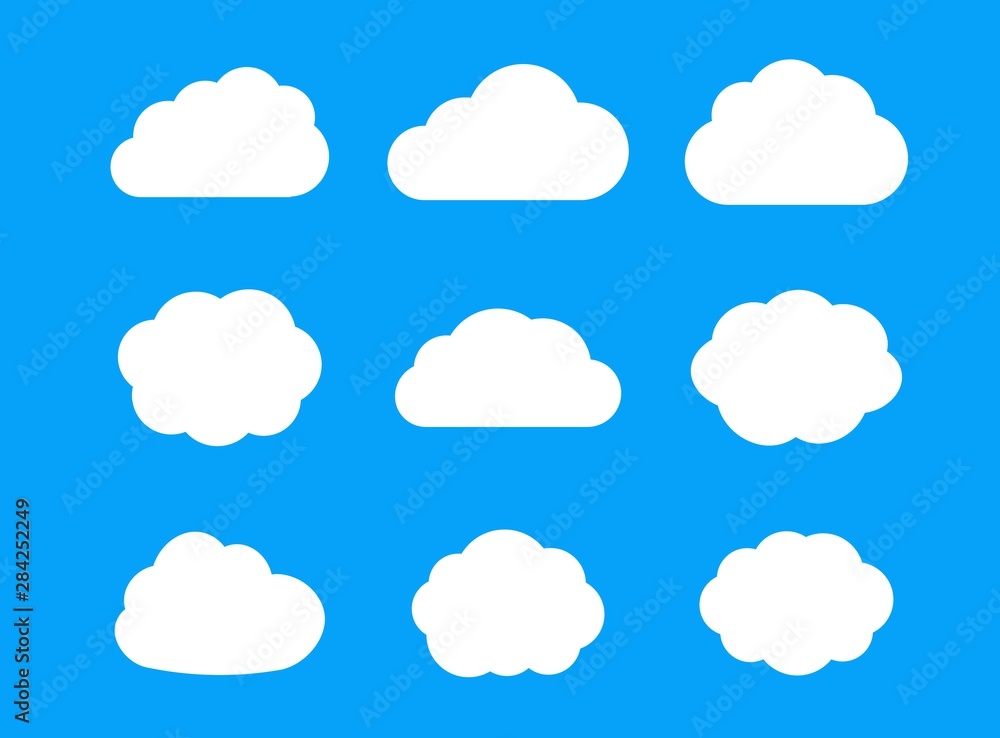 Set of contour cloud flat icons isolated on sky blue background. Cloud icon vector for web, logo, app and ui. Set of contour cloud flat icons isolated on sky blue background. Cloud icon vector for web, logo, app and ui.