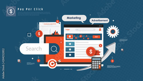 Pay Per Click flat style banner. Internet advertising, online business concept. Modern illustration for web design, marketing and print material.