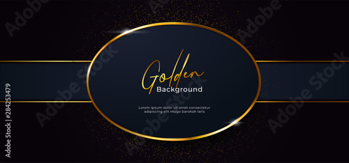 golden sparkling oval shape with gold glitter effect on dark blue background with ribbon decoration vector illustration. beautiful elegant badge template design