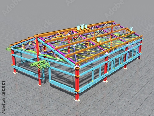 3D BIM model. Building Information Model of metal structure. 3D rendering. The model of a classical building with a pitched roof is made according to the latest design technologies.