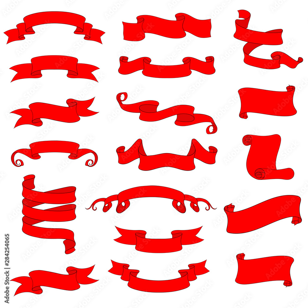 Ribbon and paper scrolls. Red icons set