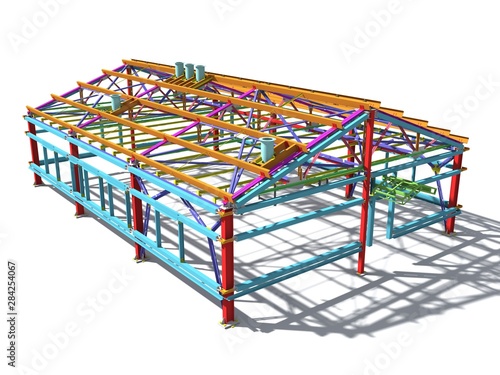 3D BIM model. Building Information Model of metal structure. 3D rendering. The model of a classical building with a pitched roof is made according to the latest design technologies.