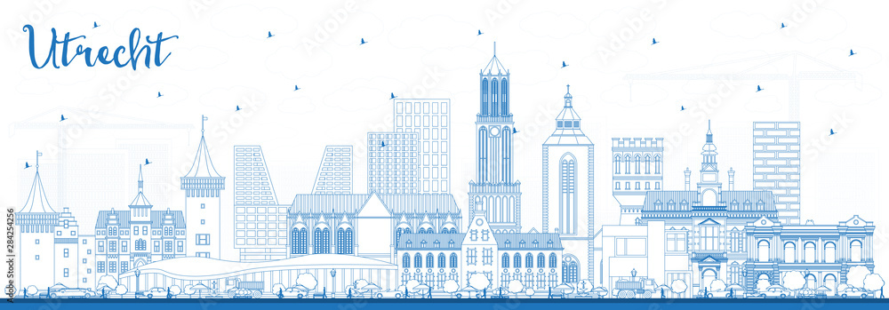 Outline Utrecht Netherlands City Skyline with Blue Buildings.