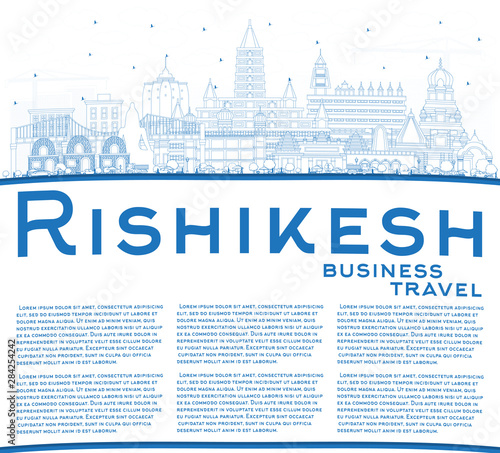 Outline Rishikesh India City Skyline with Blue Buildings and Copy Space.