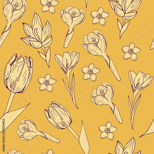 Editable amber yellow vector endless texture with beautiful spring flowers for fabric and decoration. seamless pattern with white crocuses and tulips in warm colours